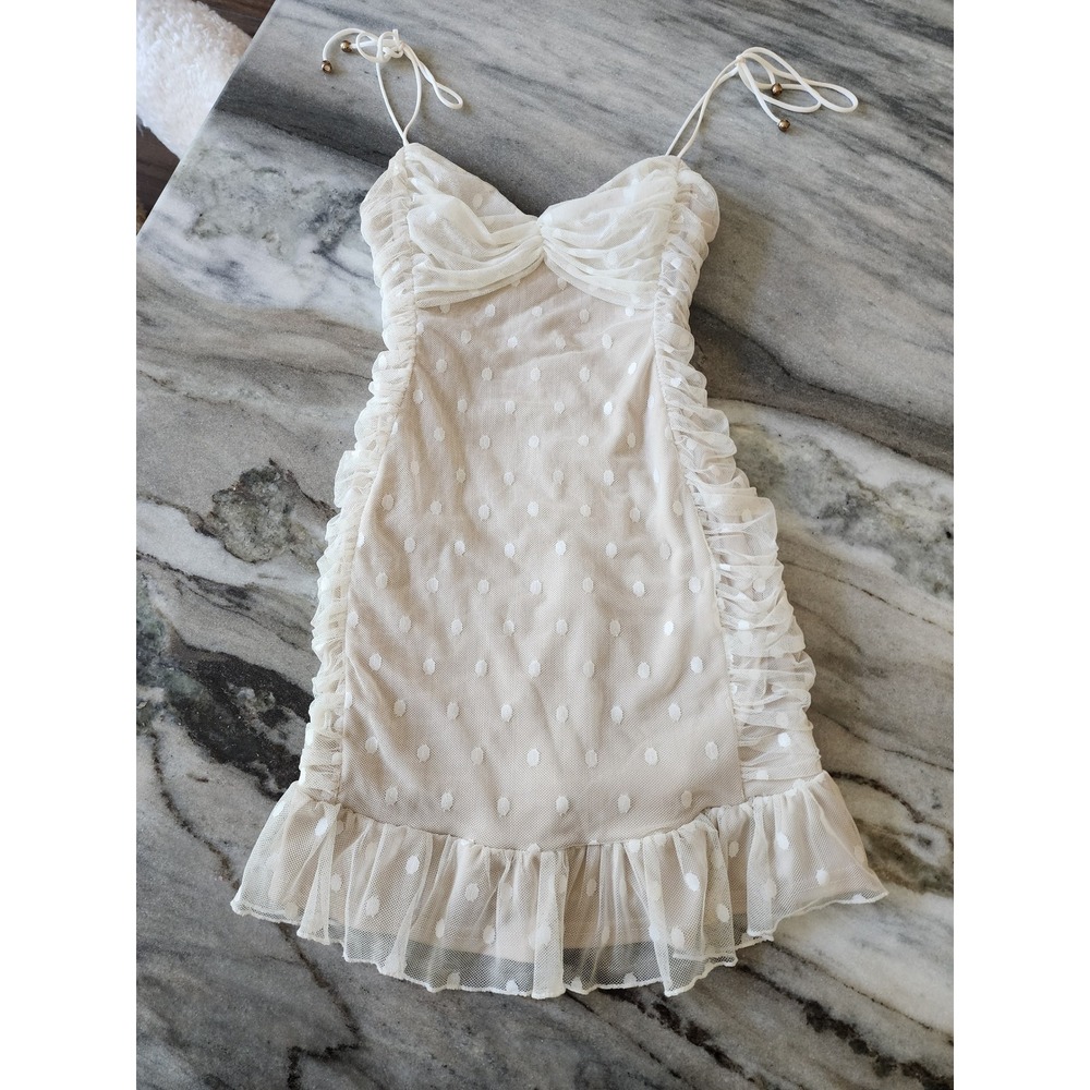 Angel Biba Cream Ruched Mesh Ruffle Mini Dress Small Bodycon Coquette Cocktail